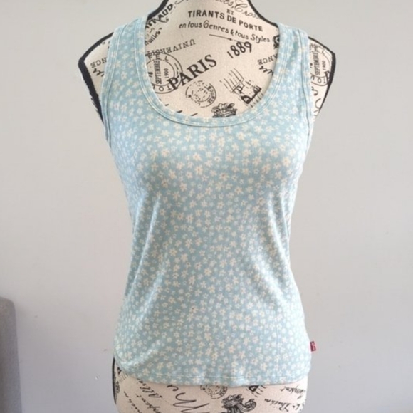 LEVI'S | Women's Light Blue/White Floral Racerback Ribbed Tank Top - Picture 3 of 5